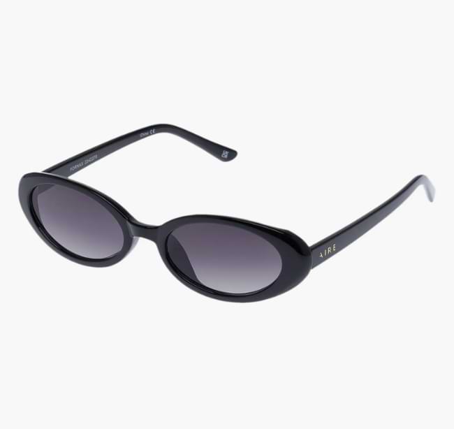 Fornax 53mm oval sunglasses with black acetate frame, dark gradient lenses, and subtle gold AIRE logo on the arms